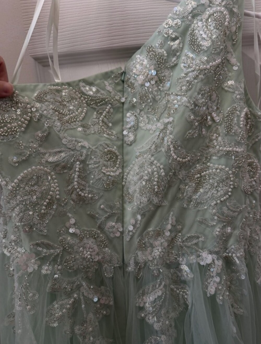 Embellished Sage Mint Lt. Blue Green Tulle Evening Dress - Picture 16 of 16